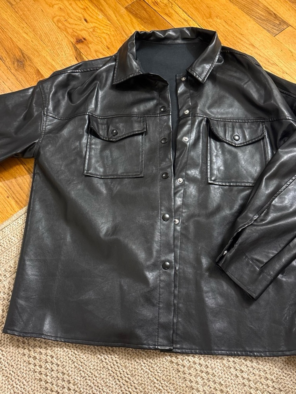 Men's Black Faux Leather Shirt Jacket with Snap Front